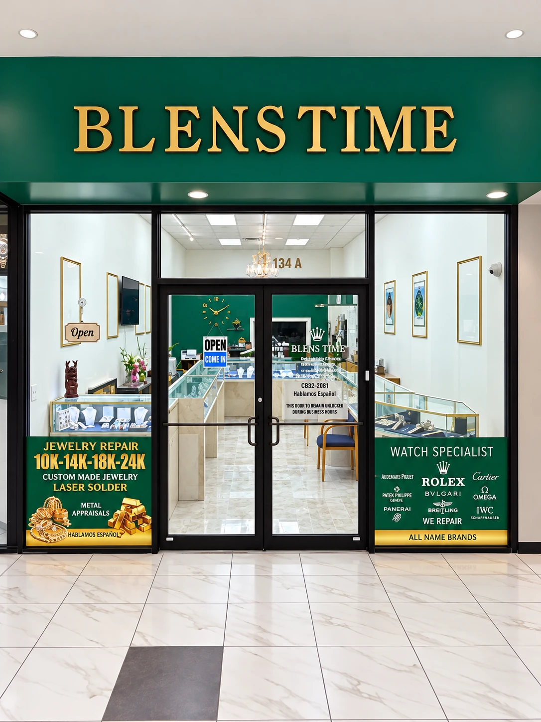 Blen's Time storefront at Suite 1134A, with the gold BLENS TIME sign above the glass entrance