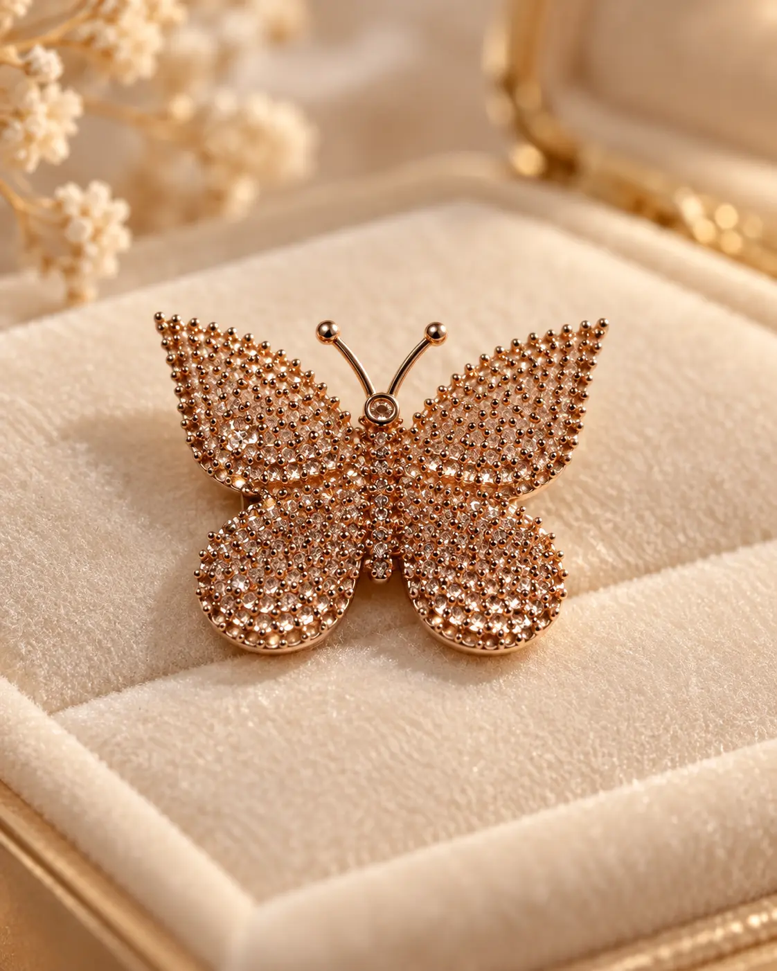 The same butterfly finished in rose gold and set with stones, in a presentation box