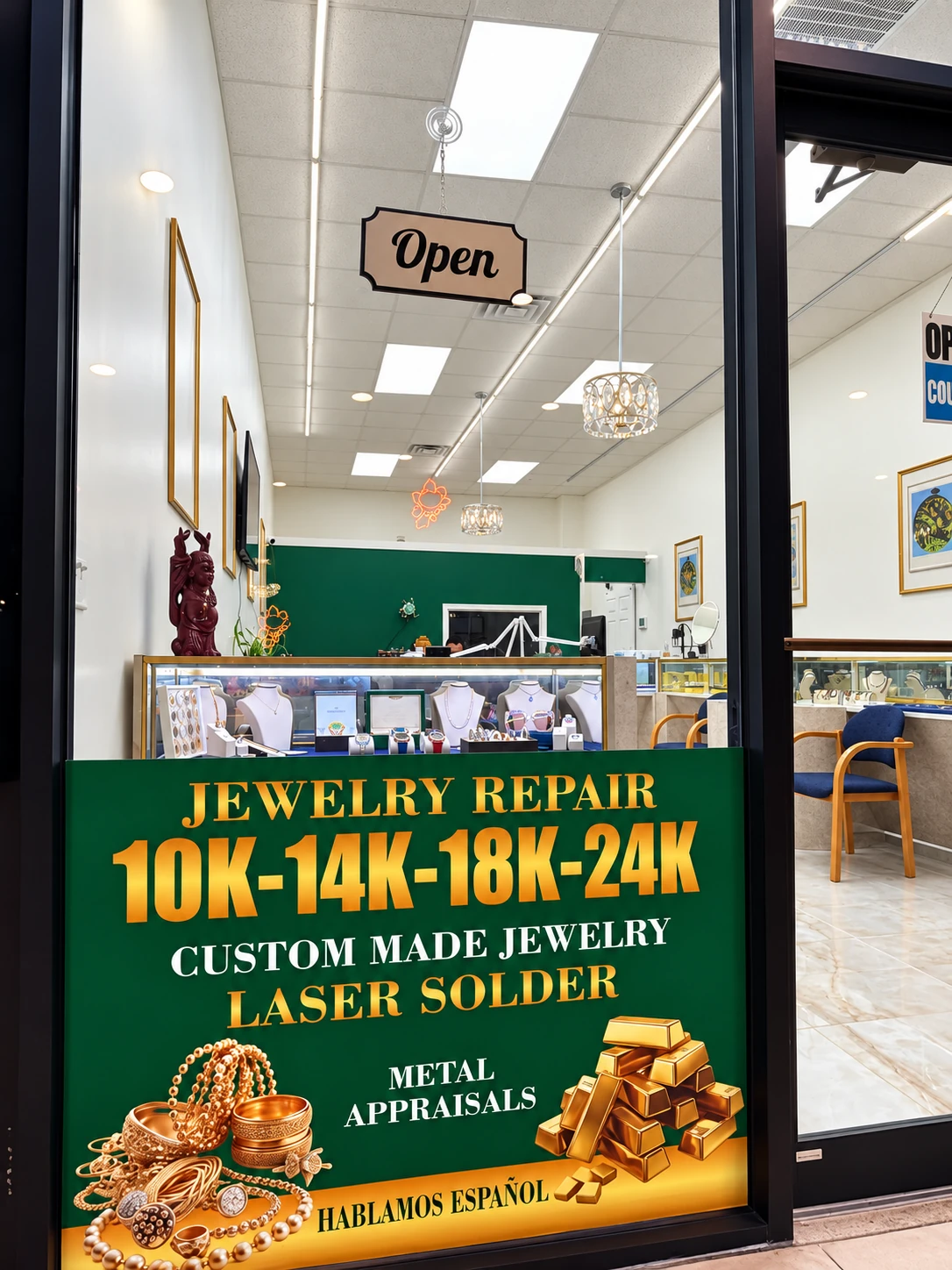Blen's Time window display listing jewelry repair, custom jewelry, laser solder and metal appraisals