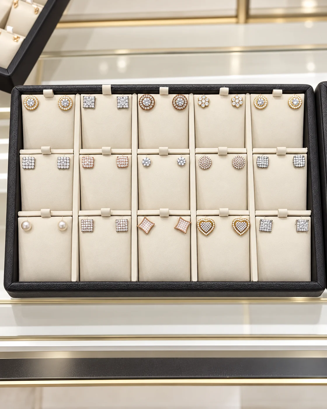 Tray of diamond stud earrings in gold, rose gold and white gold
