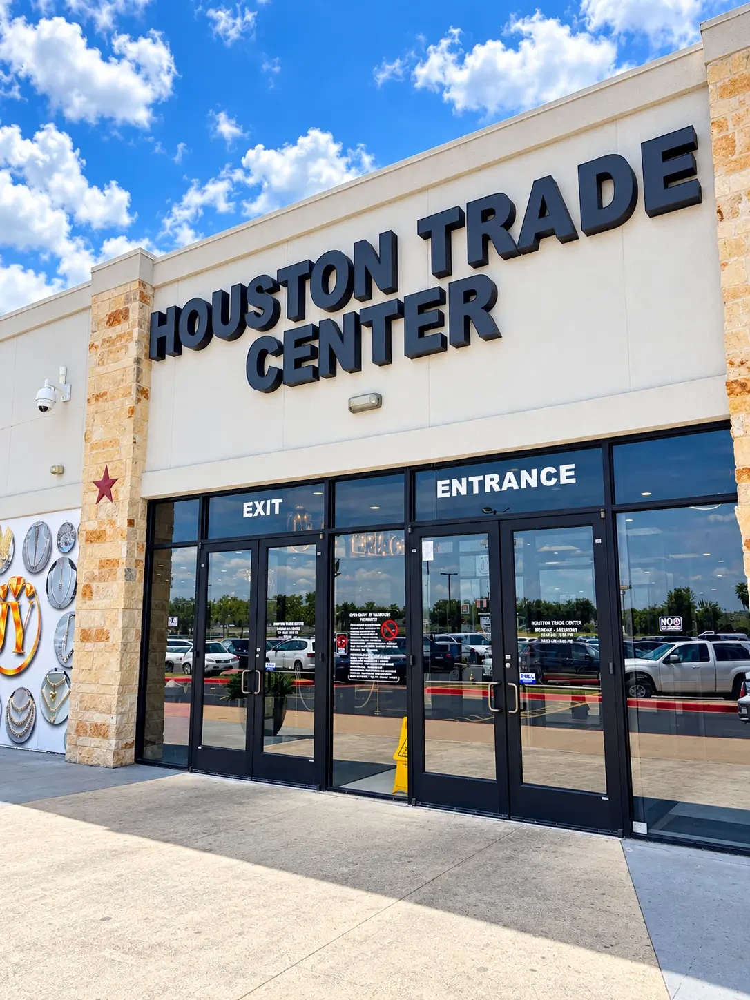 Houston Trade Center entrance on Sharpstown Center — the building that houses Blen's Time